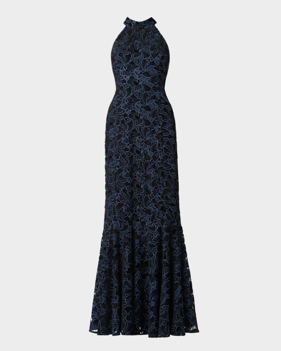 Marcia Velvet Floral Lace Halter Gown